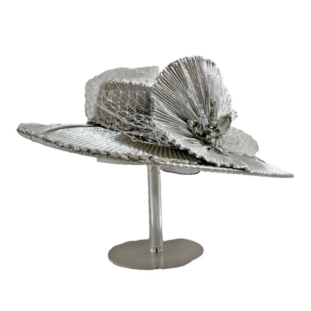 Women’s Silver Sequined Church Hat Wide Brim Size 7 1/2 Pleated Bow Fashion
